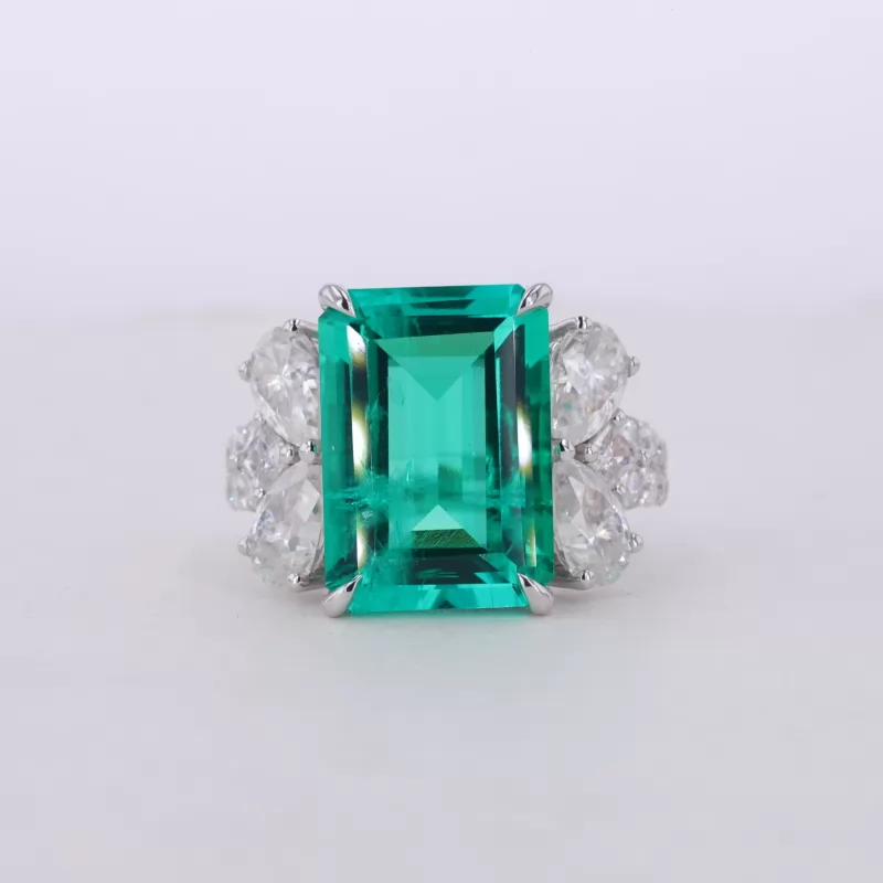 10×14mm Octagon Emerald Cut Lab Grown Emerald With Side Moissanite 14K White Gold Engagement Ring