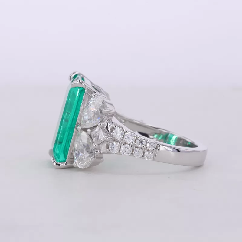 10×14mm Octagon Emerald Cut Lab Grown Emerald With Side Moissanite 14K White Gold Engagement Ring