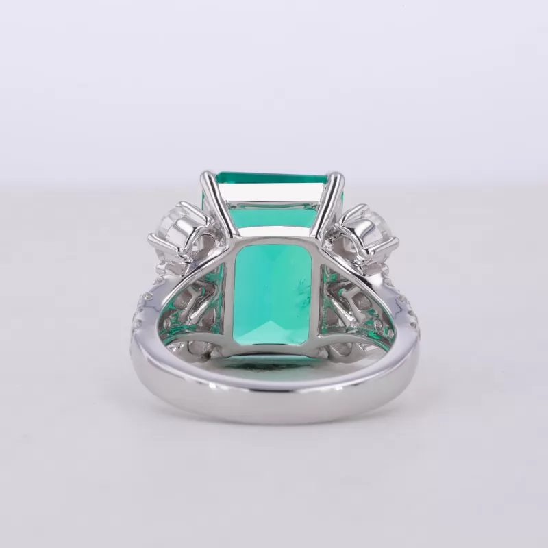 10×14mm Octagon Emerald Cut Lab Grown Emerald With Side Moissanite 14K White Gold Engagement Ring