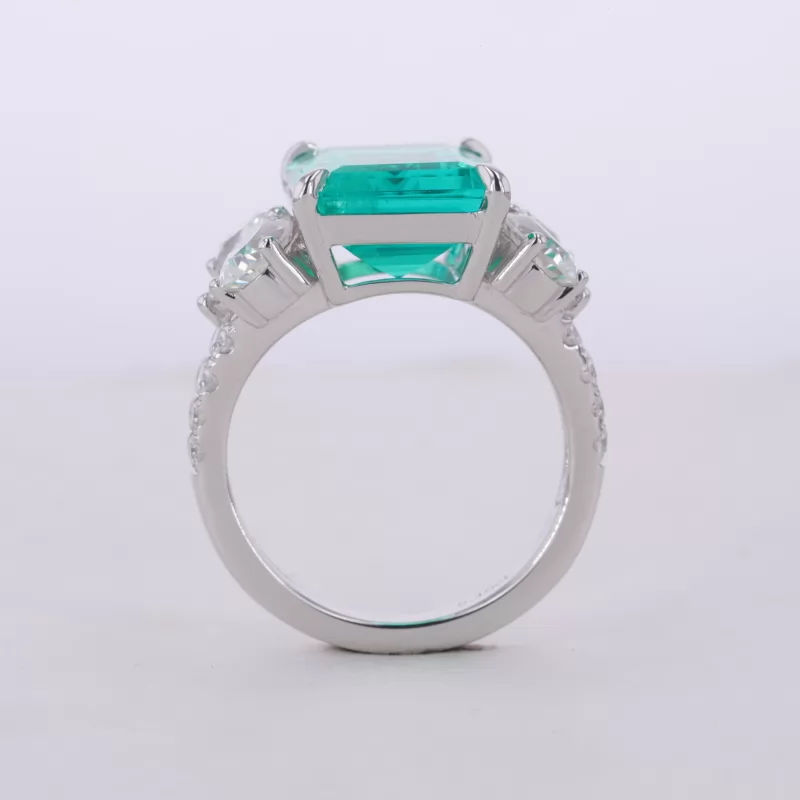 10×14mm Octagon Emerald Cut Lab Grown Emerald With Side Moissanite 14K White Gold Engagement Ring