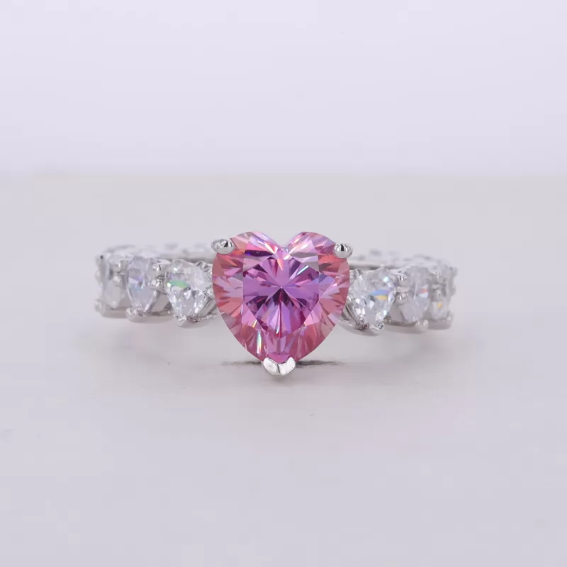 9×9mm Heart Cut Pink Moissanite S925 Sterling Silver Pave Engagement Ring