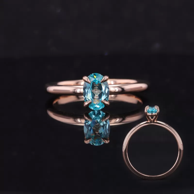 5×7mm Oval Cut Lab Grown Paraiba Sapphire 9K Rose Gold Solitaire Engagement Ring