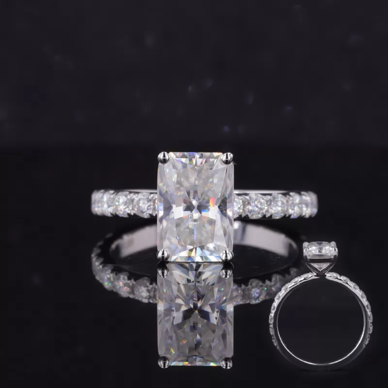 7×10mm Radiant Cut Moissanite 18K White Gold Pave Engagement Ring