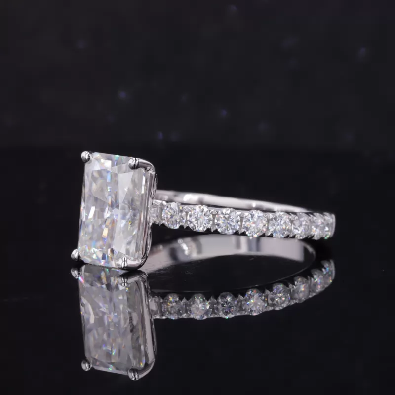 7×10mm Radiant Cut Moissanite 18K White Gold Pave Engagement Ring