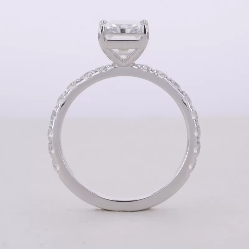 7×10mm Radiant Cut Moissanite 18K White Gold Pave Engagement Ring