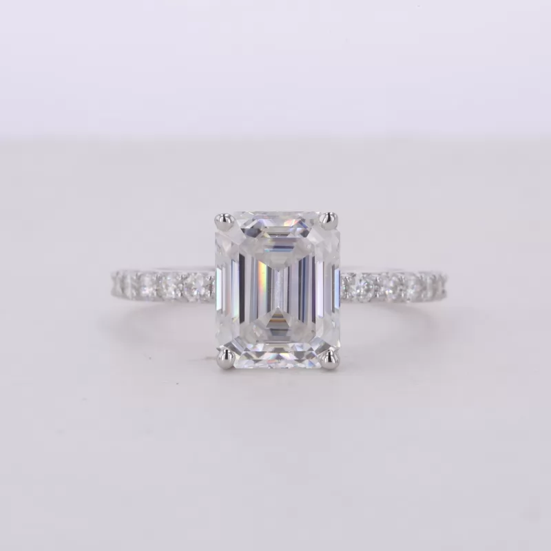 8×10mm Octagon Emerald Cut Moissanite S925 Sterling Silver Pave Engagement Ring