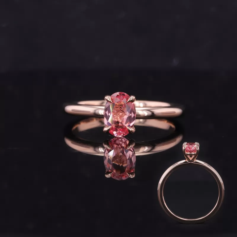 5×7mm Oval Cut Lab Grown Padparadscha Sapphire 14K Rose Gold Solitaire Engagement Ring