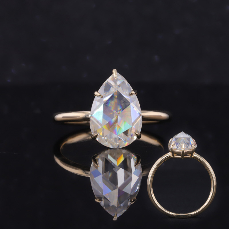 8.5×12.5mm Pear Shape Rose Cut Moissanite 9K Yellow Gold Solitaire Engagement Ring