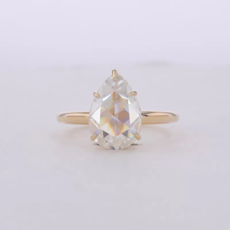 8.5×12.5mm Pear Shape Rose Cut Moissanite 9K Yellow Gold Solitaire Engagement Ring