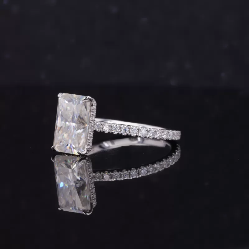 6×9mm Radiant Cut Moissanite 14K White Gold Pave Engagement Ring