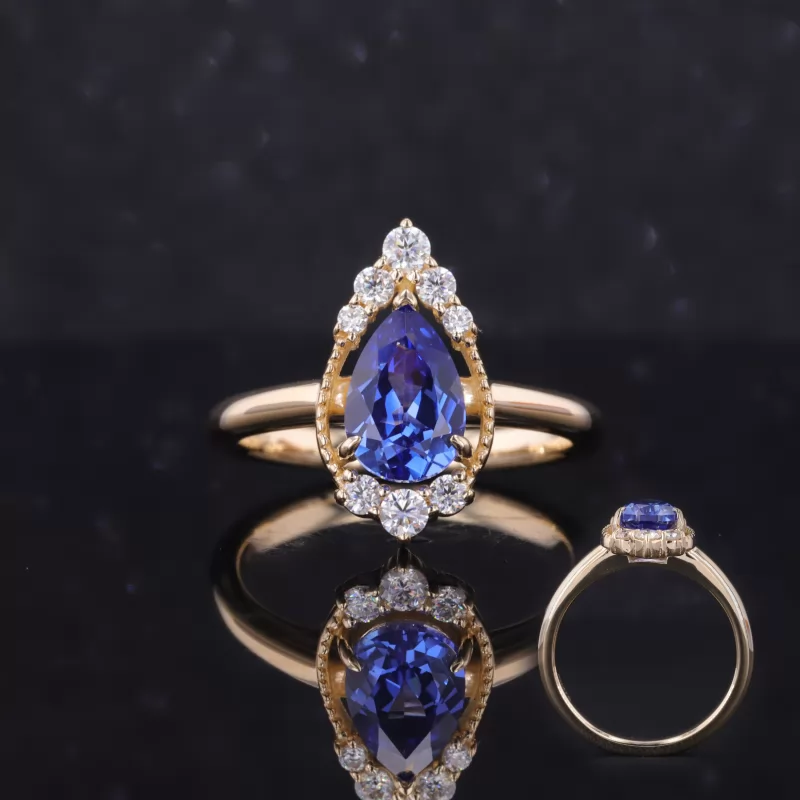 6×9mm Pear Cut Royal Blue Lab Grown Sapphire 9K Gold Vintage Engagement Ring