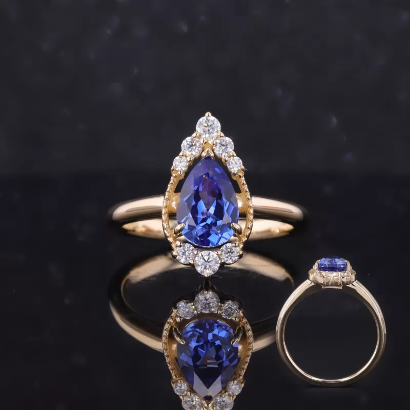 6×9mm Pear Cut Royal Blue Lab Grown Sapphire 9K Yellow Gold Vintage Engagement Ring