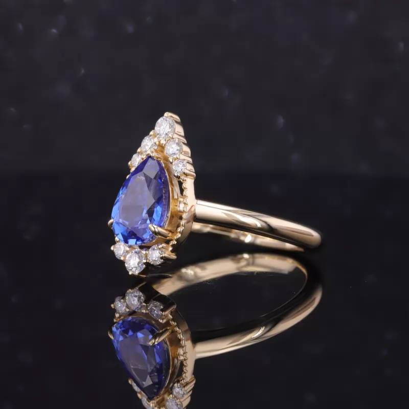 6×9mm Pear Cut Royal Blue Lab Grown Sapphire 9K Yellow Gold Vintage Engagement Ring