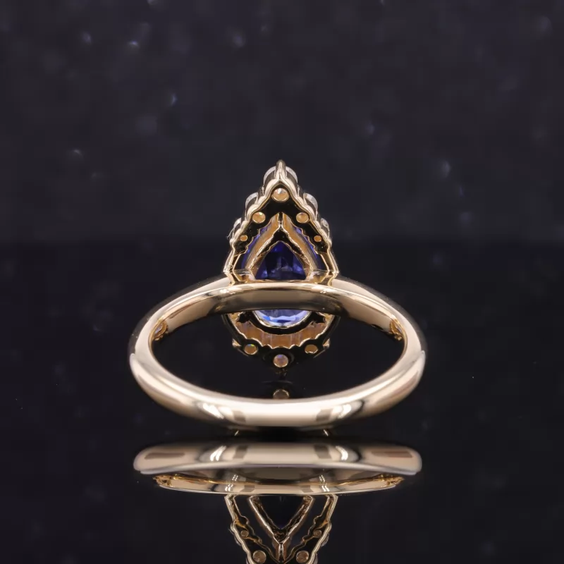 6×9mm Pear Cut Royal Blue Lab Grown Sapphire 9K Yellow Gold Vintage Engagement Ring