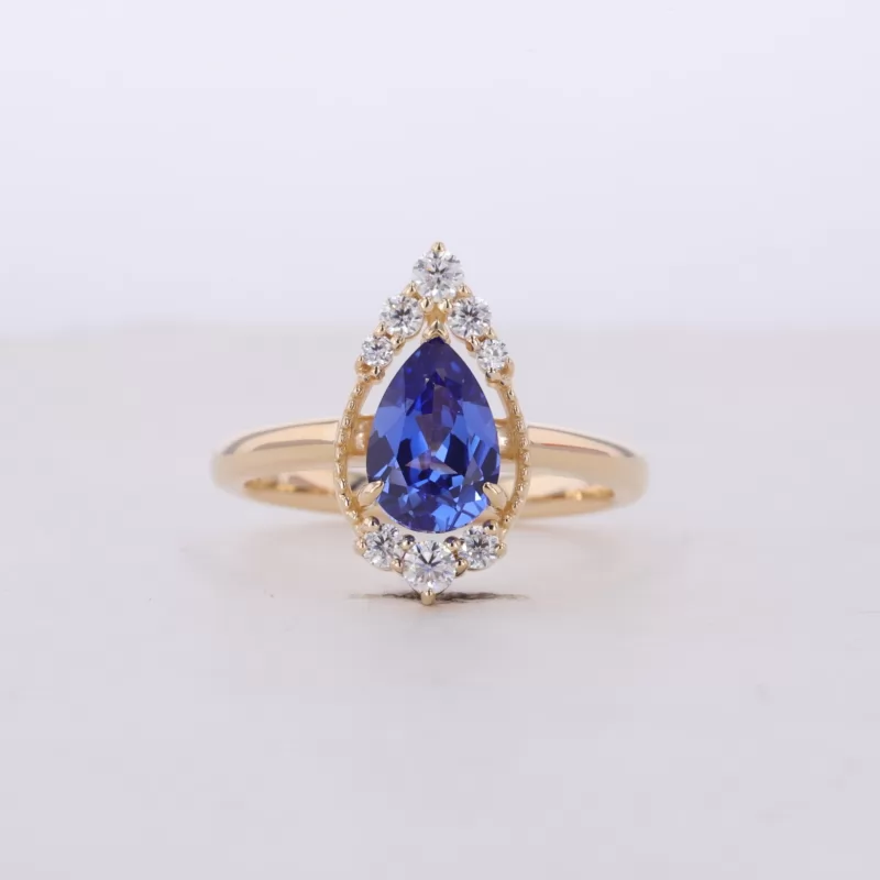 6×9mm Pear Cut Royal Blue Lab Grown Sapphire 9K Yellow Gold Vintage Engagement Ring