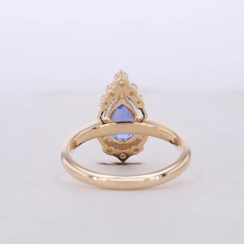 6×9mm Pear Cut Royal Blue Lab Grown Sapphire 9K Yellow Gold Vintage Engagement Ring