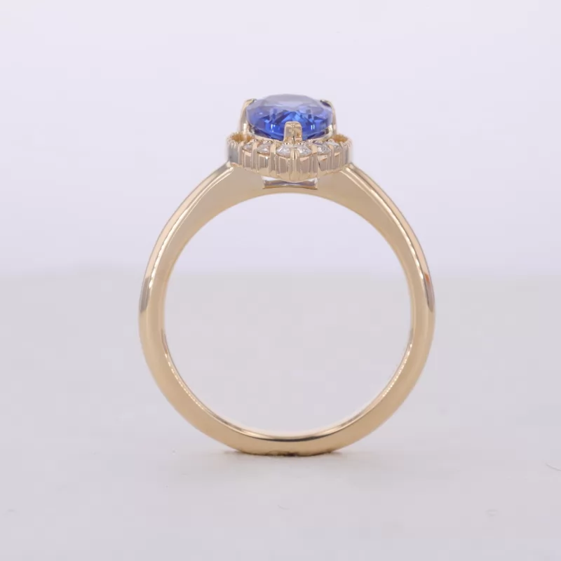 6×9mm Pear Cut Royal Blue Lab Grown Sapphire 9K Yellow Gold Vintage Engagement Ring