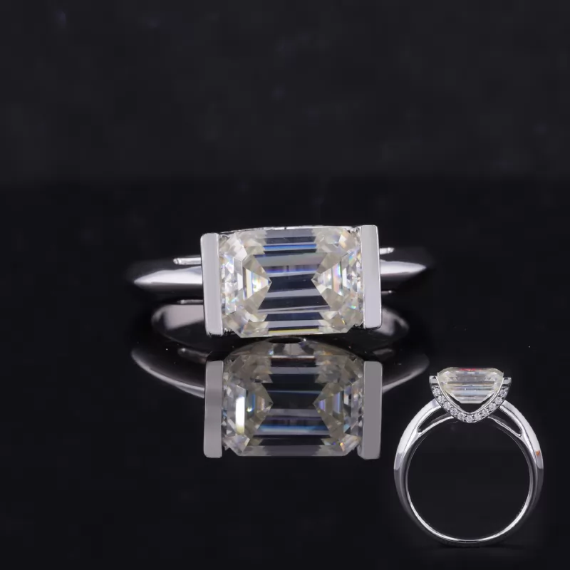 9.3×6.7mm Octagon Emerald Cut Moissanite 10K White Gold Tension Set Engagement Ring