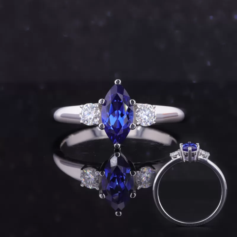 5×10mm Marquise Cut Lab Grown Sapphire 9K White Gold Three Stone Engagement Ring