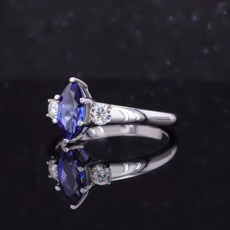 5×10mm Marquise Cut Lab Grown Sapphire 9K White Gold Three Stone Engagement Ring