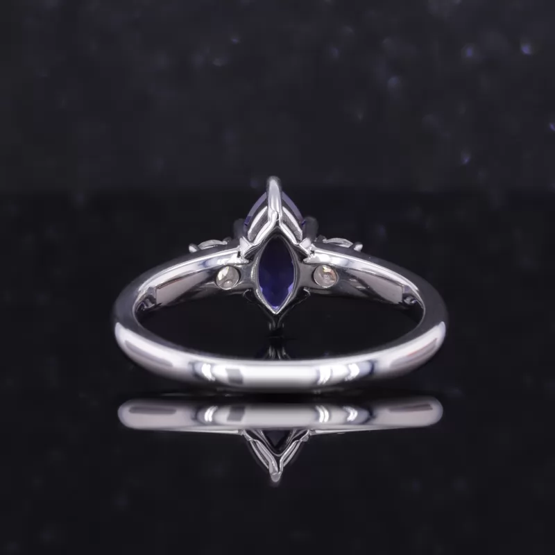 5×10mm Marquise Cut Lab Grown Sapphire 9K White Gold Three Stone Engagement Ring