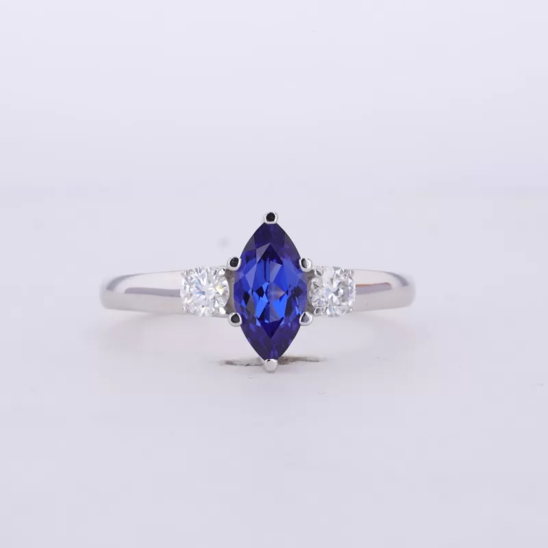 5×10mm Marquise Cut Lab Grown Sapphire 9K White Gold Three Stone Engagement Ring