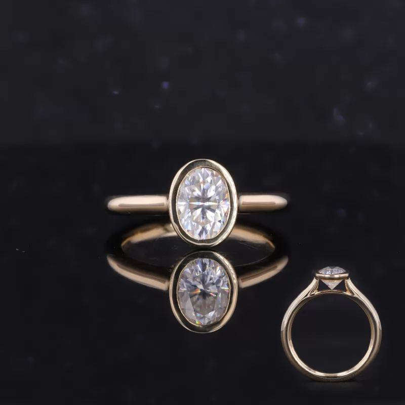 5×7mm Oval Cut Moissanite Bezel Set 14K Yellow Gold Solitaire Engagement Ring