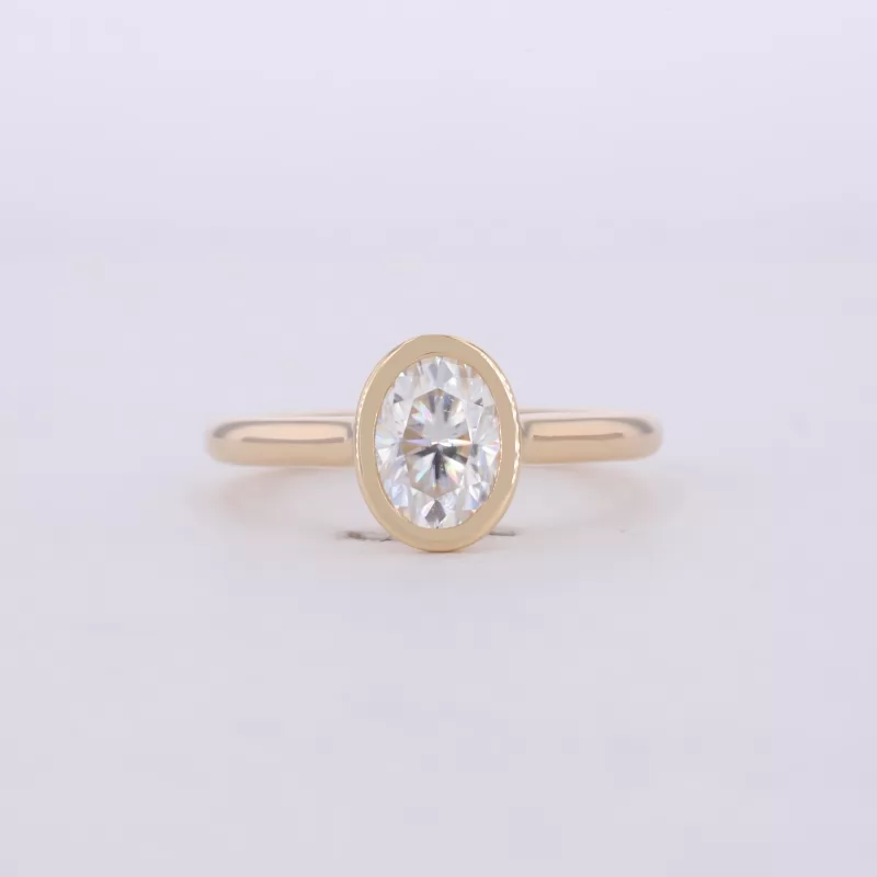 5×7mm Oval Cut Moissanite Bezel Set 14K Yellow Gold Solitaire Engagement Ring