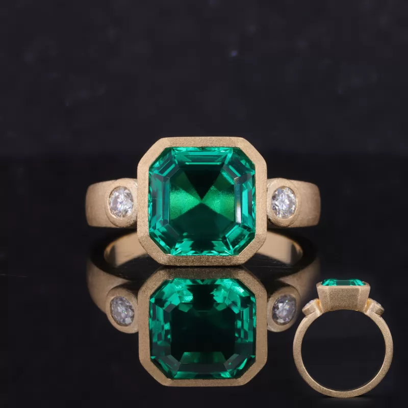 10×10mm Asscher Cut Lab Grown Emerald Bezel Set 10K Yellow Gold Three Stone Engagement Ring