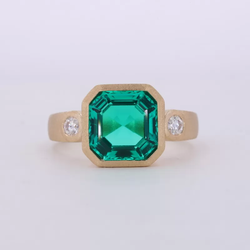 10×10mm Asscher Cut Lab Grown Emerald Bezel Set 10K Yellow Gold Three Stone Engagement Ring