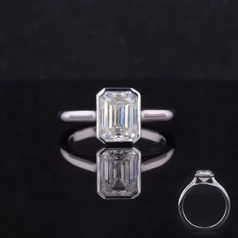 6×8mm Octagon Emerald Cut Moissanite Bezel Set 10K White Gold Solitaire Engagement Ring