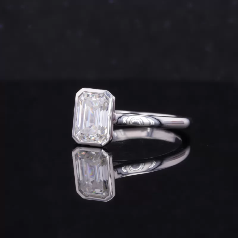 6×8mm Octagon Emerald Cut Moissanite Bezel Set 10K White Gold Solitaire Engagement Ring