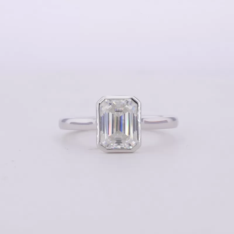 6×8mm Octagon Emerald Cut Moissanite Bezel Set 10K White Gold Solitaire Engagement Ring