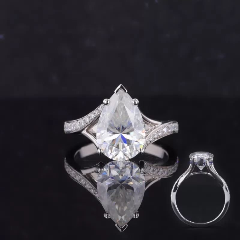 8×12mm Pear Cut Moissanite 14K White Gold Channel Set Engagement Ring