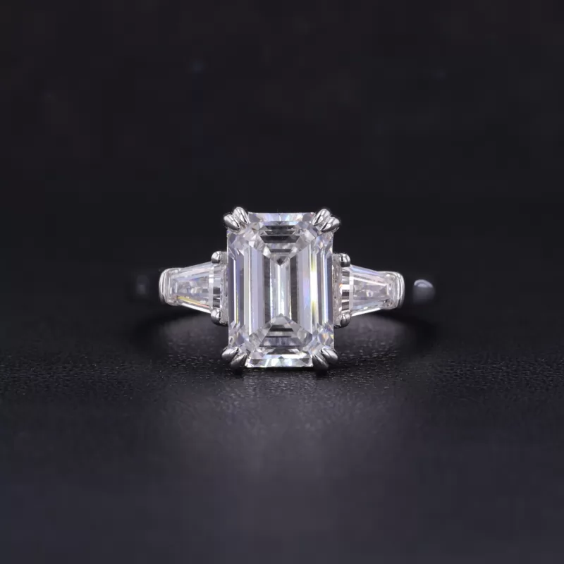 7×9.5mm Octagon Emerald Cut Moissanite 14K White Gold Three Stone Engagement Ring