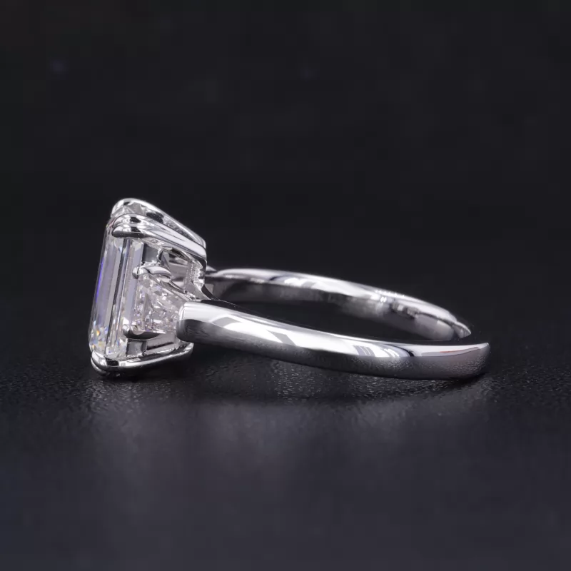 7×9.5mm Octagon Emerald Cut Moissanite 14K White Gold Three Stone Engagement Ring