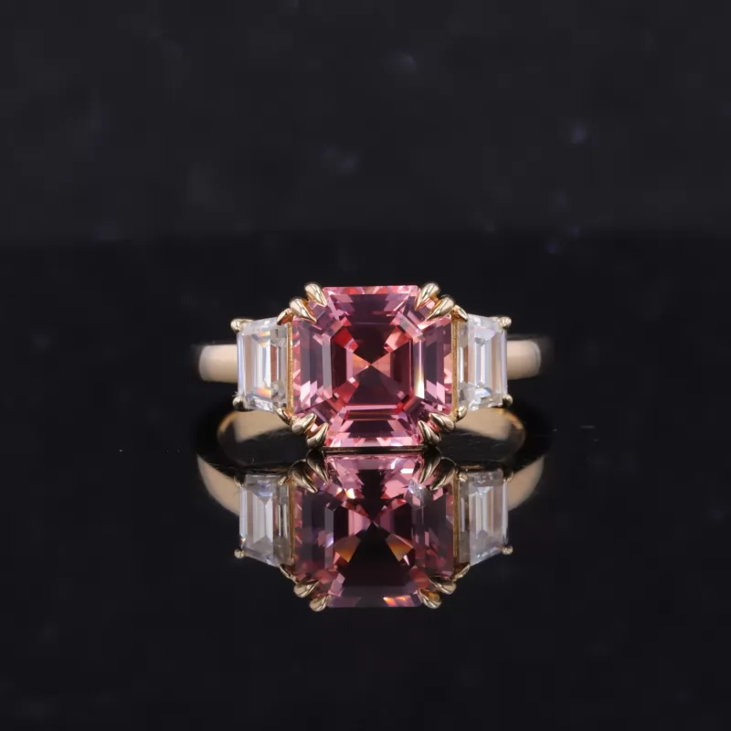 8×8mm Asscher Cut Lab Grown Padparadscha Pink Sapphire 10K Yellow Gold Three Stone Engagement Ring