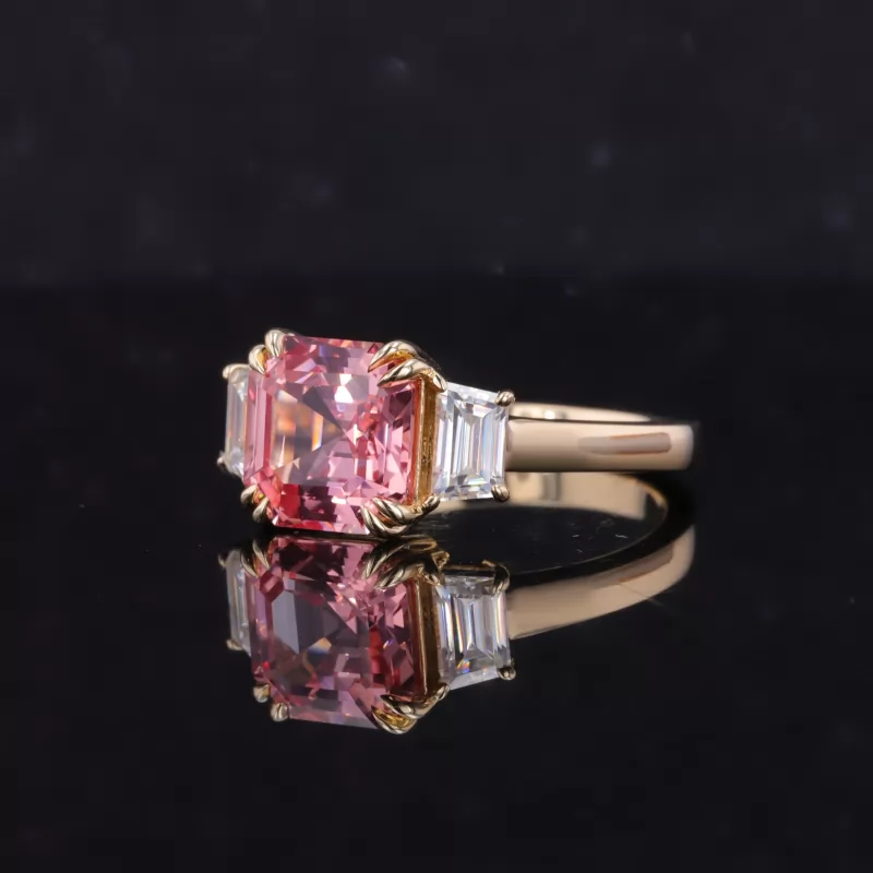 8×8mm Asscher Cut Lab Grown Padparadscha Pink Sapphire 10K Yellow Gold Three Stone Engagement Ring