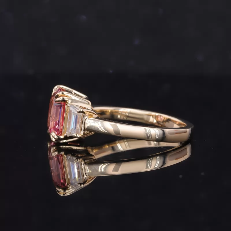 8×8mm Asscher Cut Lab Grown Padparadscha Pink Sapphire 10K Yellow Gold Three Stone Engagement Ring