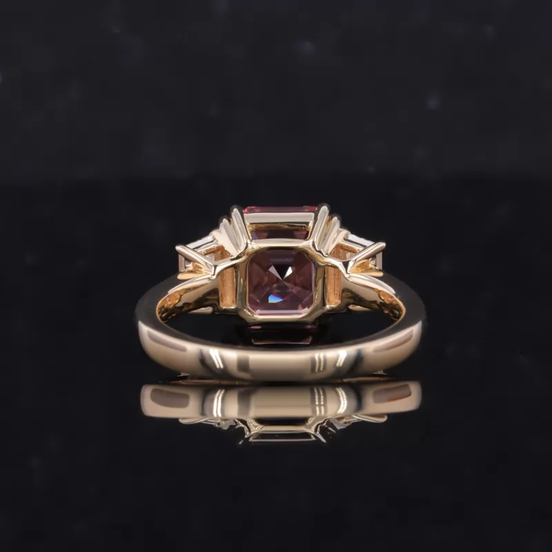 8×8mm Asscher Cut Lab Grown Padparadscha Pink Sapphire 10K Yellow Gold Three Stone Engagement Ring