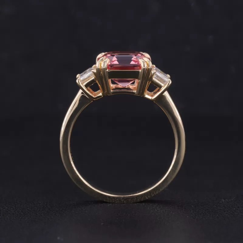 8×8mm Asscher Cut Lab Grown Padparadscha Pink Sapphire 10K Yellow Gold Three Stone Engagement Ring