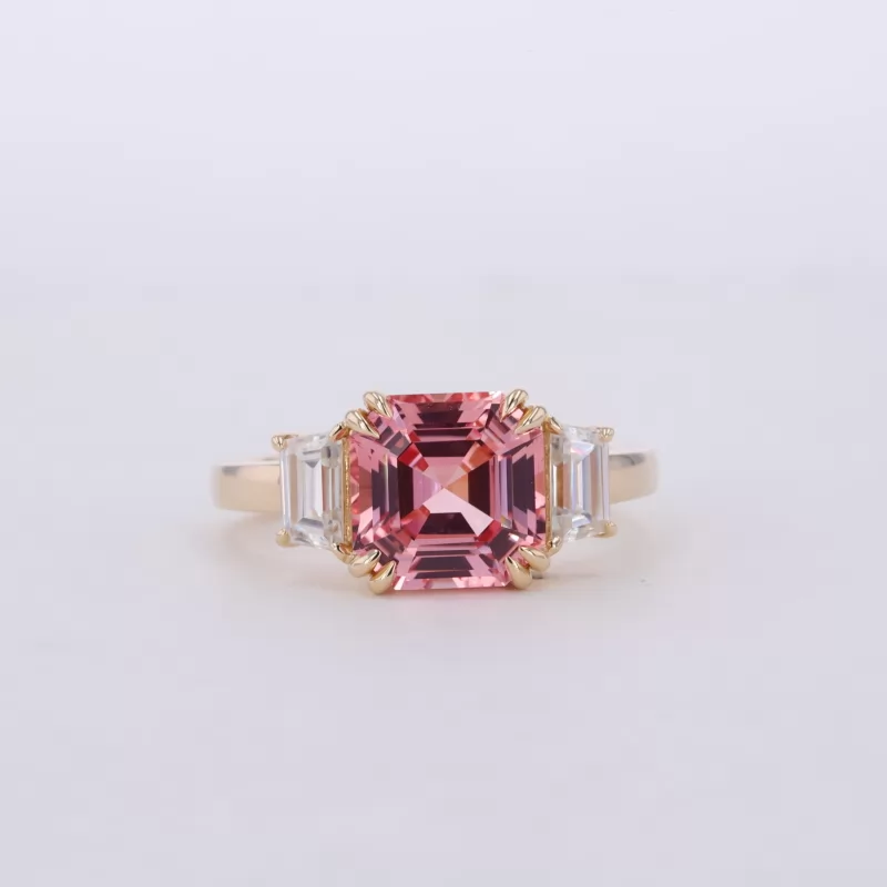 8×8mm Asscher Cut Lab Grown Padparadscha Pink Sapphire 10K Yellow Gold Three Stone Engagement Ring