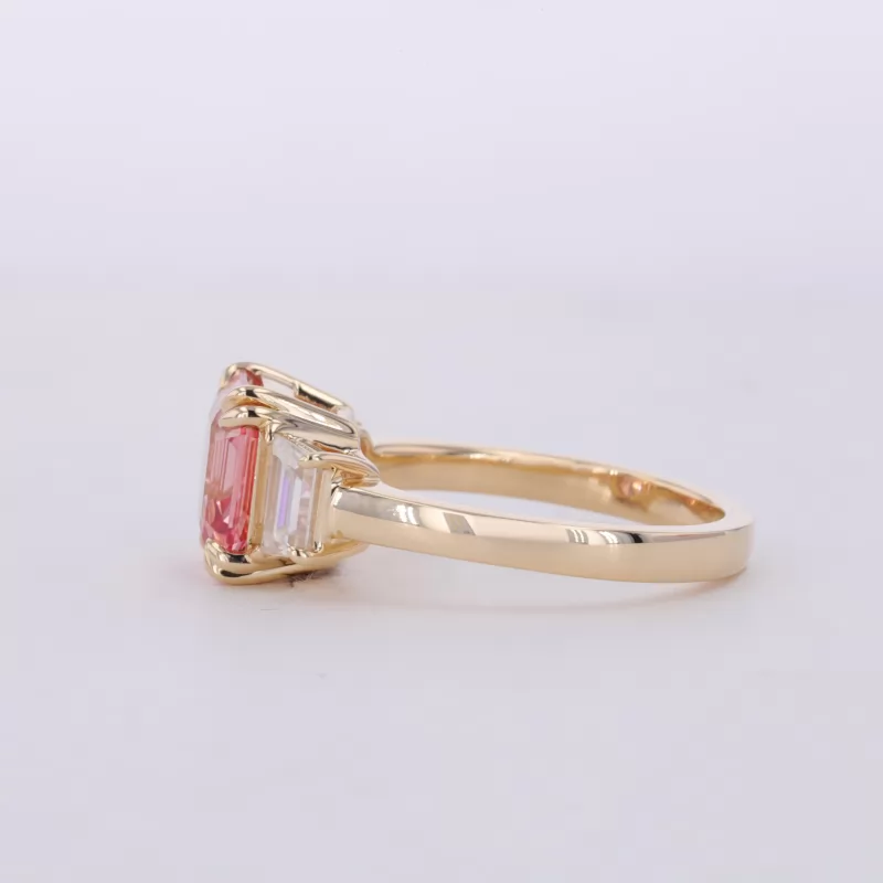 8×8mm Asscher Cut Lab Grown Padparadscha Pink Sapphire 10K Yellow Gold Three Stone Engagement Ring