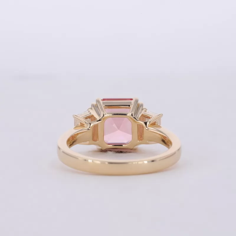 8×8mm Asscher Cut Lab Grown Padparadscha Pink Sapphire 10K Yellow Gold Three Stone Engagement Ring