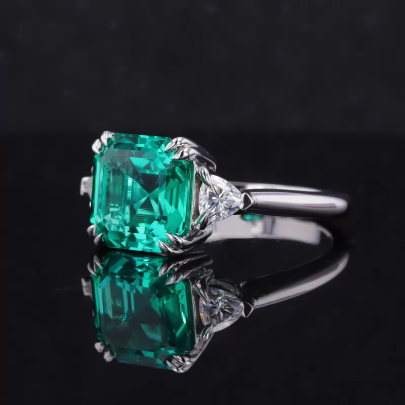 10×10mm Asscher Cut Lab Grown Emerald 14K White Gold Three Stone Engagement Ring