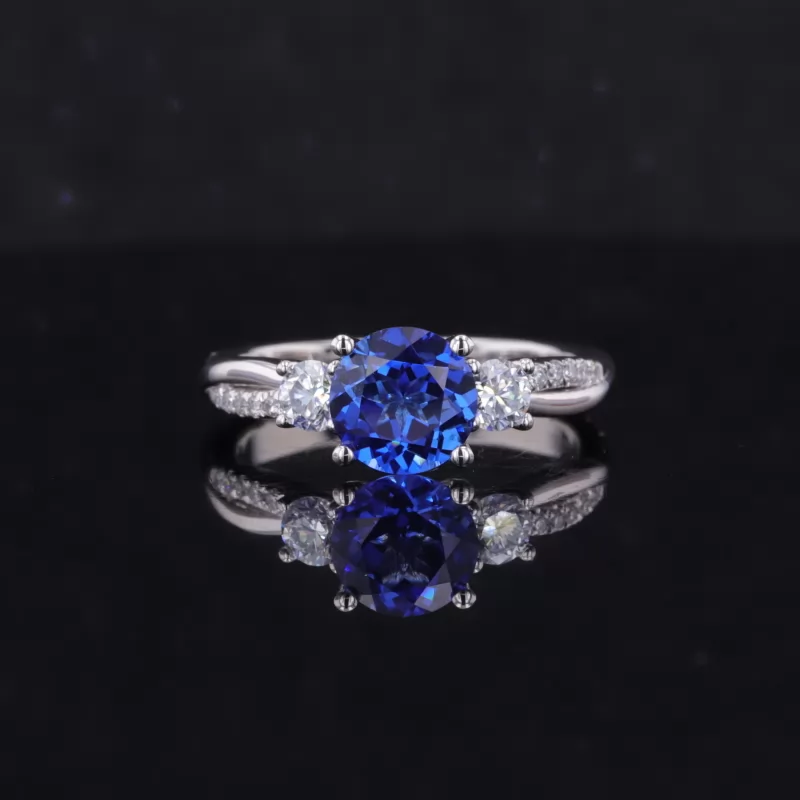 6.5mm Round Brilliant Cut Royal Blue Lab Grown Sapphire PT950 Three Stone Engagement Ring