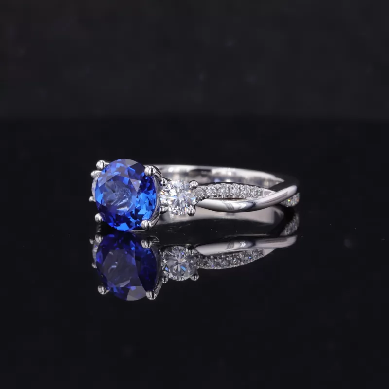6.5mm Round Brilliant Cut Royal Blue Lab Grown Sapphire PT950 Three Stone Engagement Ring