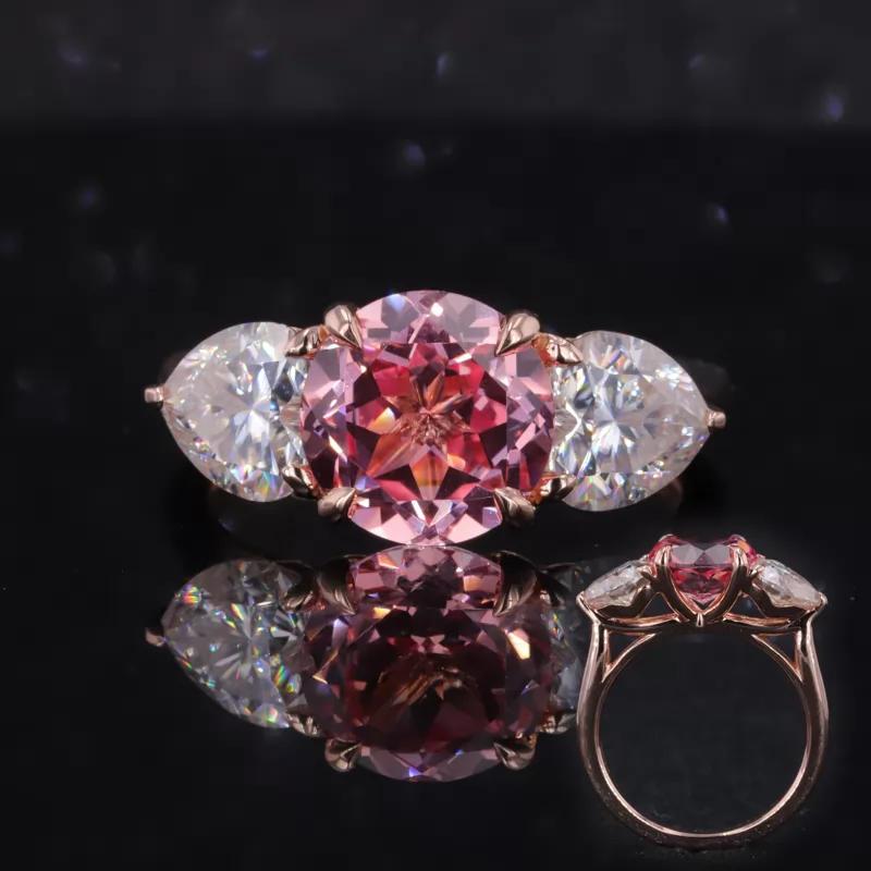 8.5mm Round Brilliant Cut Lab Grown Padparadscha Pink Sapphire 14K Rose Gold Three Stone Engagement Ring