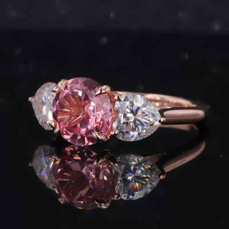 8.5mm Round Brilliant Cut Lab Grown Padparadscha Pink Sapphire 14K Rose Gold Three Stone Engagement Ring