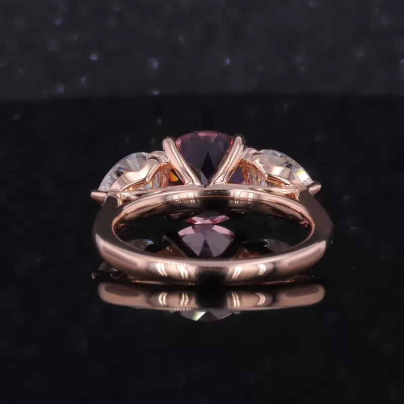 8.5mm Round Brilliant Cut Lab Grown Padparadscha Pink Sapphire 14K Rose Gold Three Stone Engagement Ring